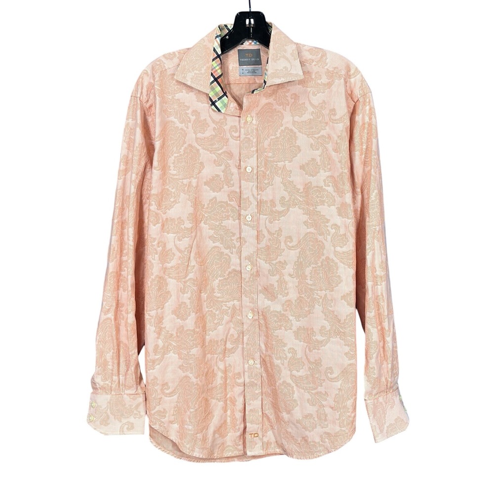 THOMAS DEAN Men's ORANGE/WHITE Paisley TWILL Long Sleeve BUTTON-UP Shirt Sz M